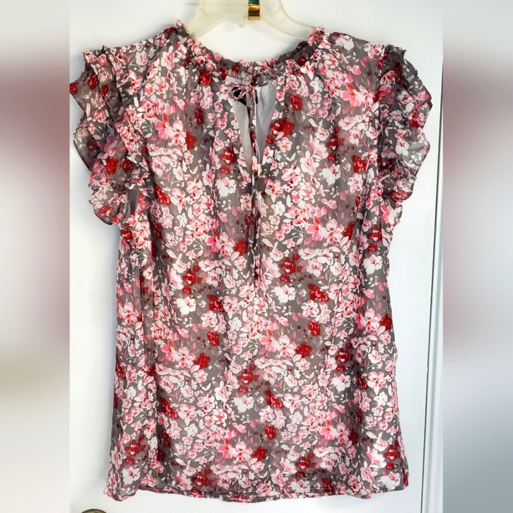 Loose Floral Blouse Sheer top with light lining XL